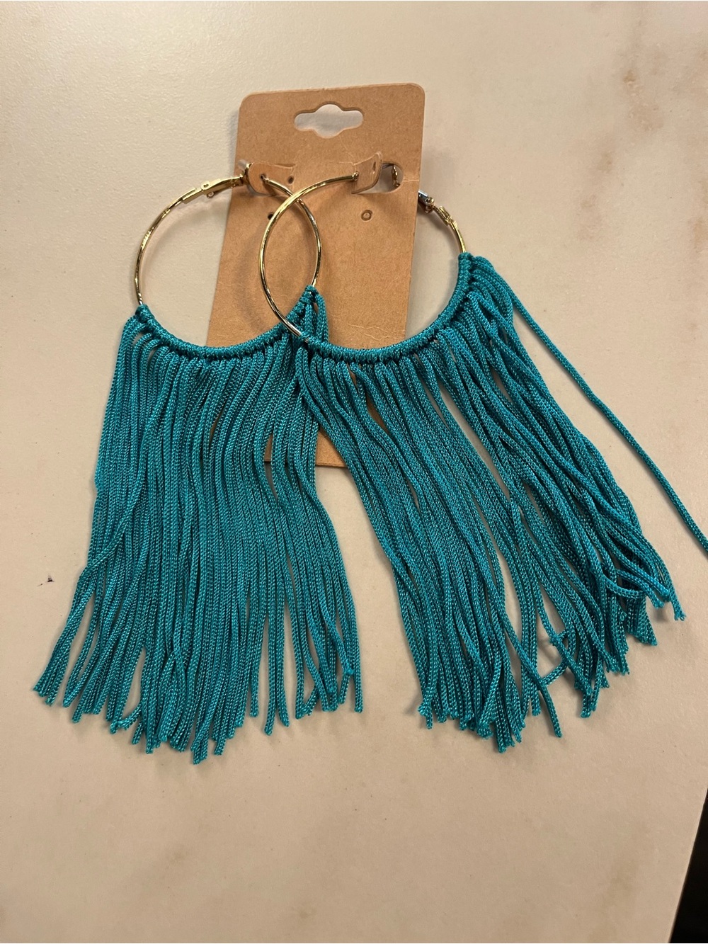 Gold Hoop Fringe Earrings in Teal - Women Jewelry